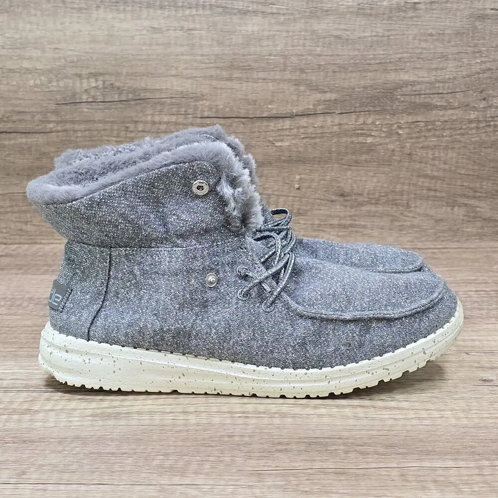 Hey Dude Britt Youth Women's Size 7 Gray Faux Fur Lace Up Comfort Shoes Boots